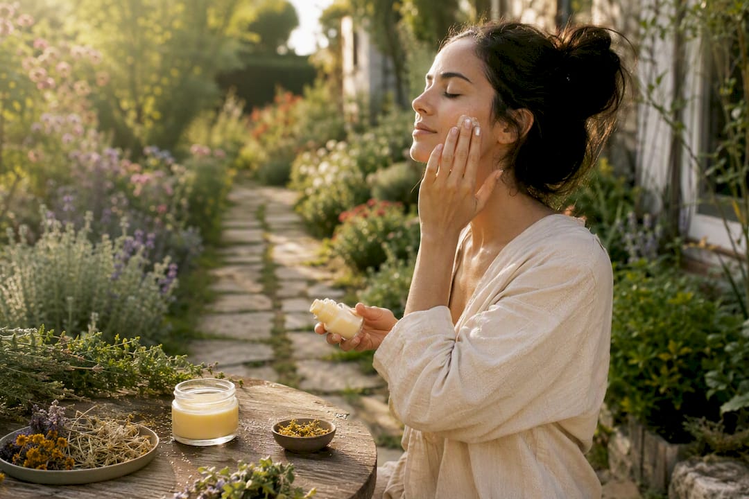Donna che applica una crema naturale al veleno d'api sulla guancia