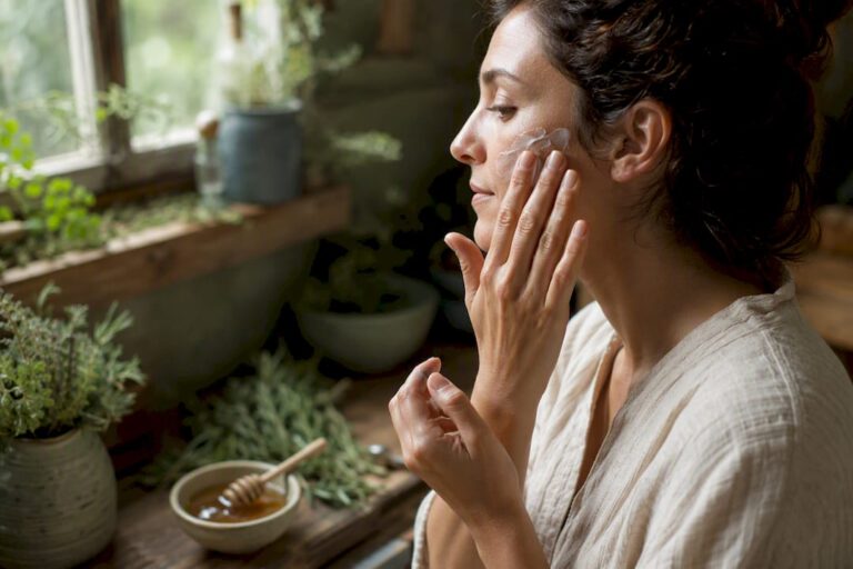Mani che applicano una crema viso naturale in un bagno caldo