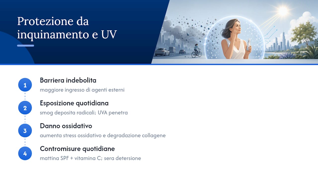 Schema degli effetti di raggi UV e inquinamento sulla pelle in menopausa