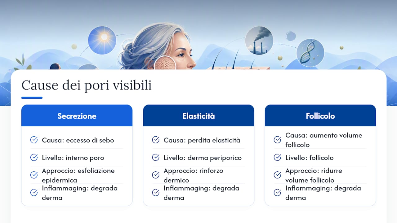 Schema delle cause dei pori dilatati nella pelle matura