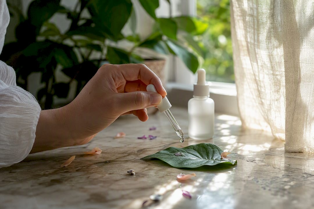 Mano che applica il siero durante la routine di cura della pelle