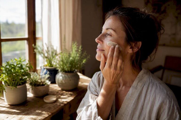 Donna che si applica una crema antirughe sul viso