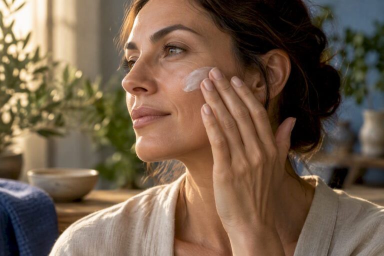 Donna che si applica la crema viso sulla guancia