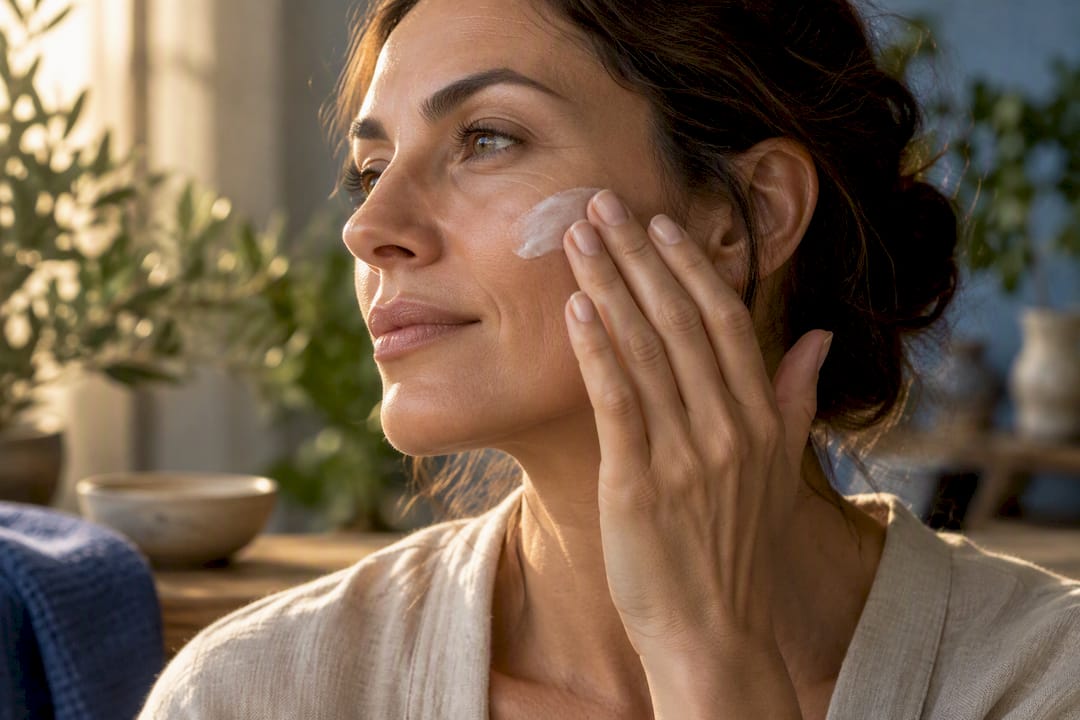 Donna che si applica la crema viso sulla guancia