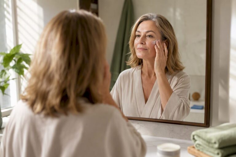 Donna matura che si applica una crema antirughe