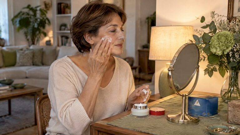 Donna adulta che si applica la crema antirughe prima di andare a dormire