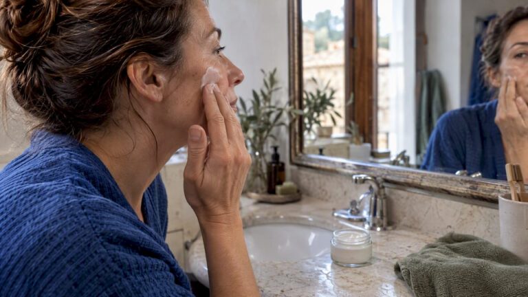 Donna che si applica la crema viso sulla guancia