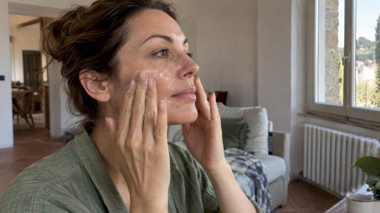 Donna che si massaggia il viso durante la routine di skincare