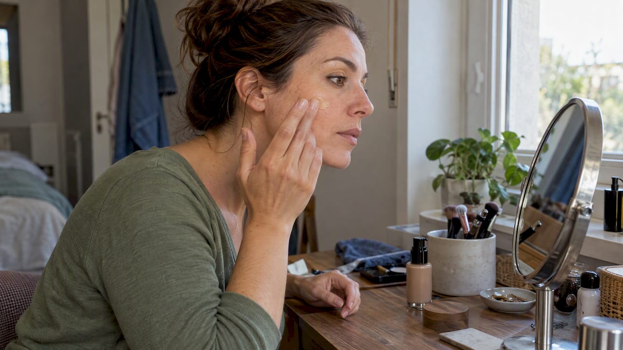 Donna che applica una crema colorata nella sua routine quotidiana