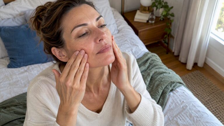 Donna mentre si massaggia il viso passando per gli zigomi