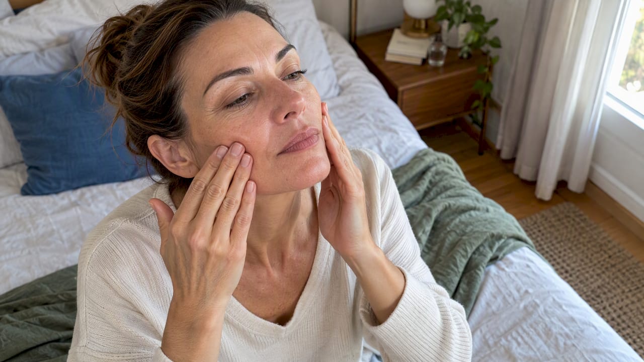 Donna mentre si massaggia il viso passando per gli zigomi