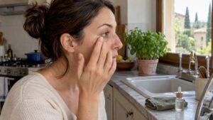 Donna che applica delicatamente il siero sul contorno occhi
