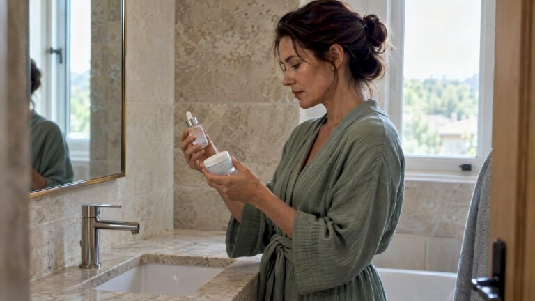Donna che confronta siero e crema davanti al lavandino