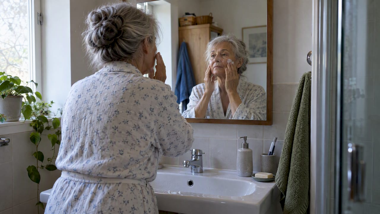 Signora over 70 che si stende la crema sul viso di prima mattina